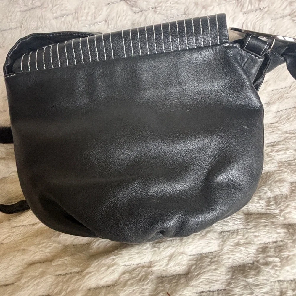 Furla Black Leather Crossbody Saddle Bag White Contrast Stitch Silver Hardware